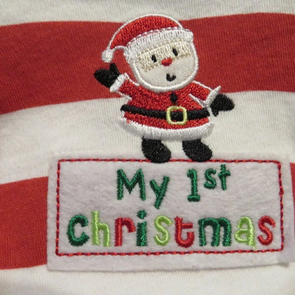 Baby my first Christmas red and white striped footed bodysuit w bib 2pcs